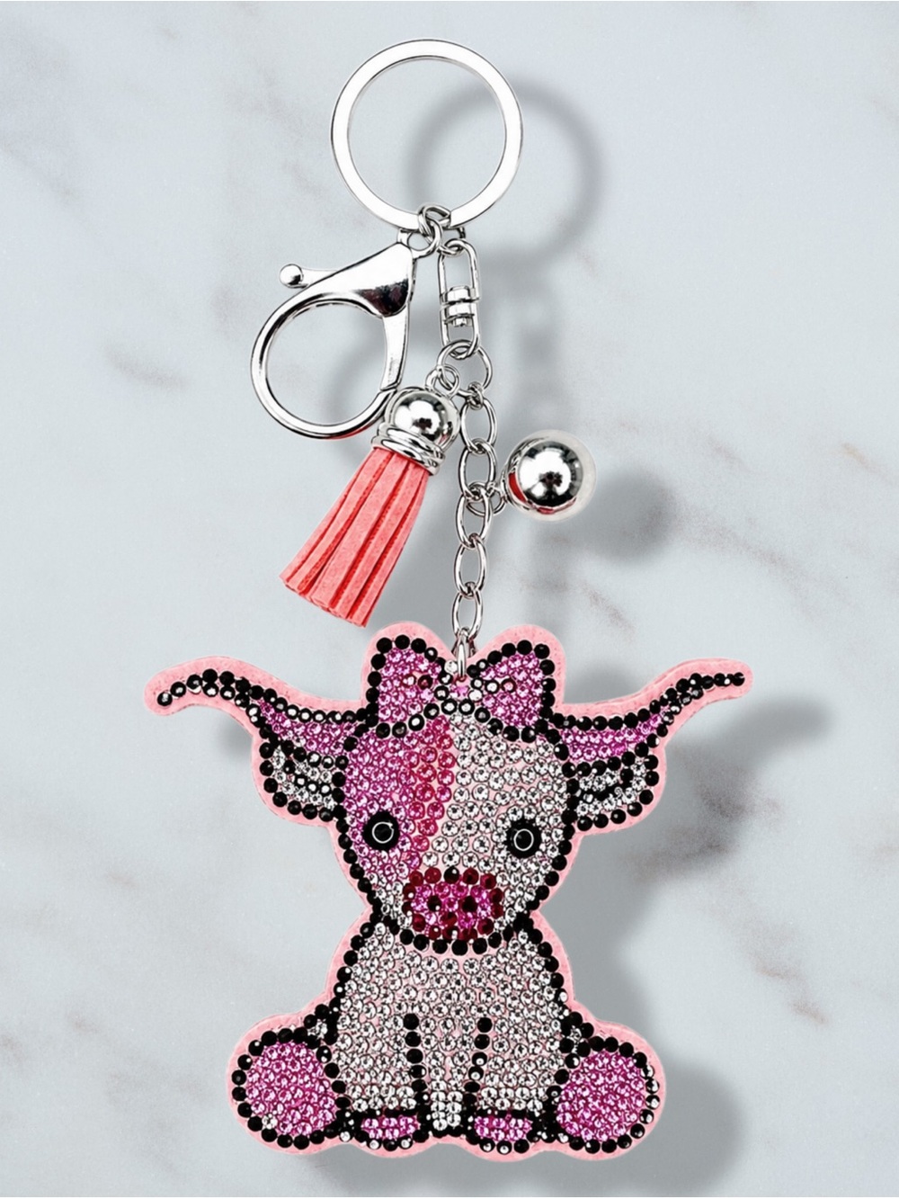 Longhorn Pink Cow Rhinestone Charm Keyxhain